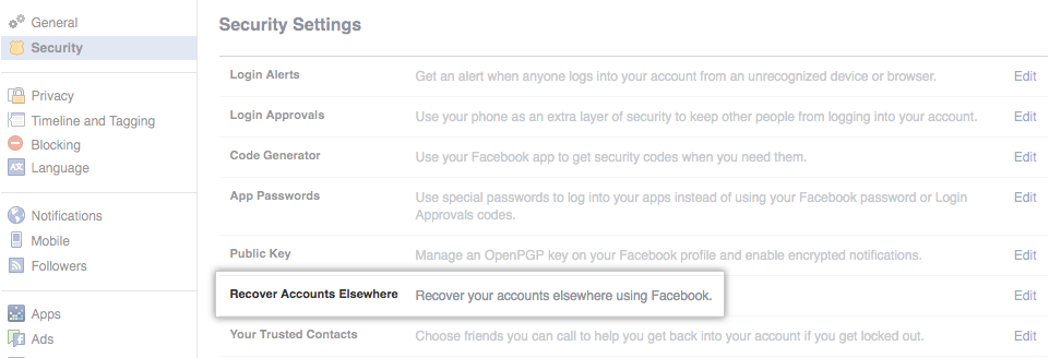 Facebook-Seite mit Sicherheitseinstellungen und Link zu „Recover Accounts Elsewhere"