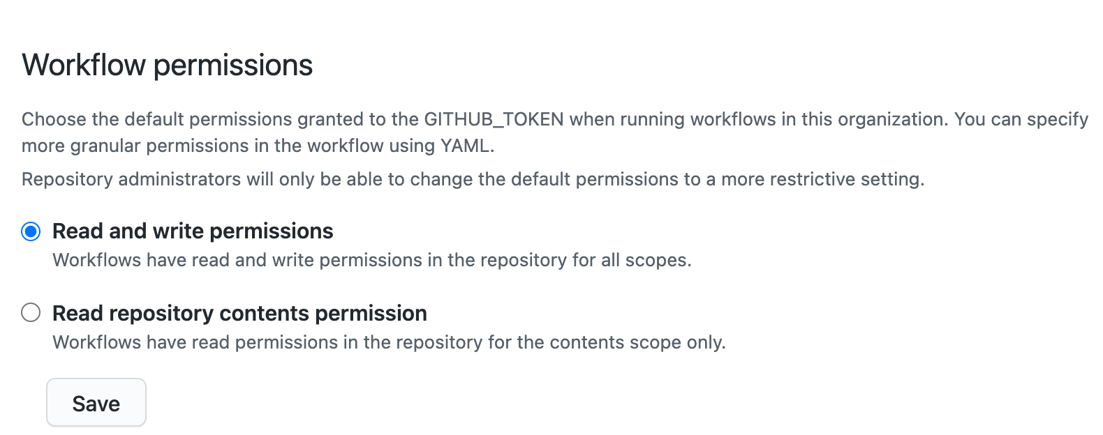 Set GITHUB_TOKEN permissions for this organization
