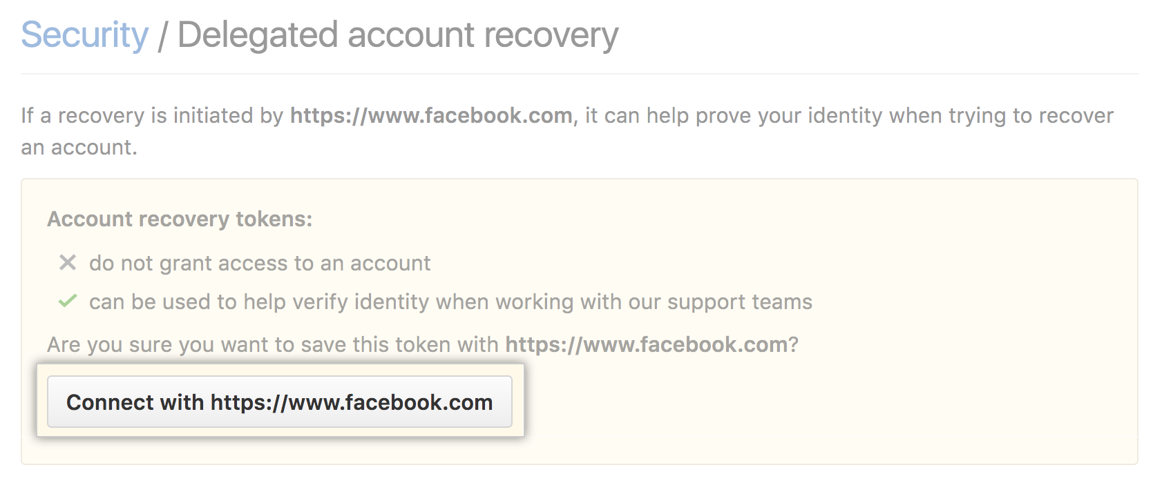 Botón para conectar un token de recuperación con Facebook