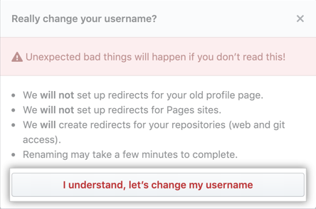 Botão de aviso Change Username (Alterar nome de usuário)