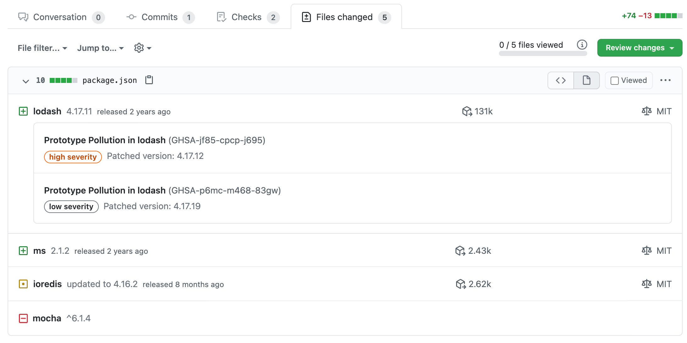 Alertas de vulnerabilidade em revisão de dependências