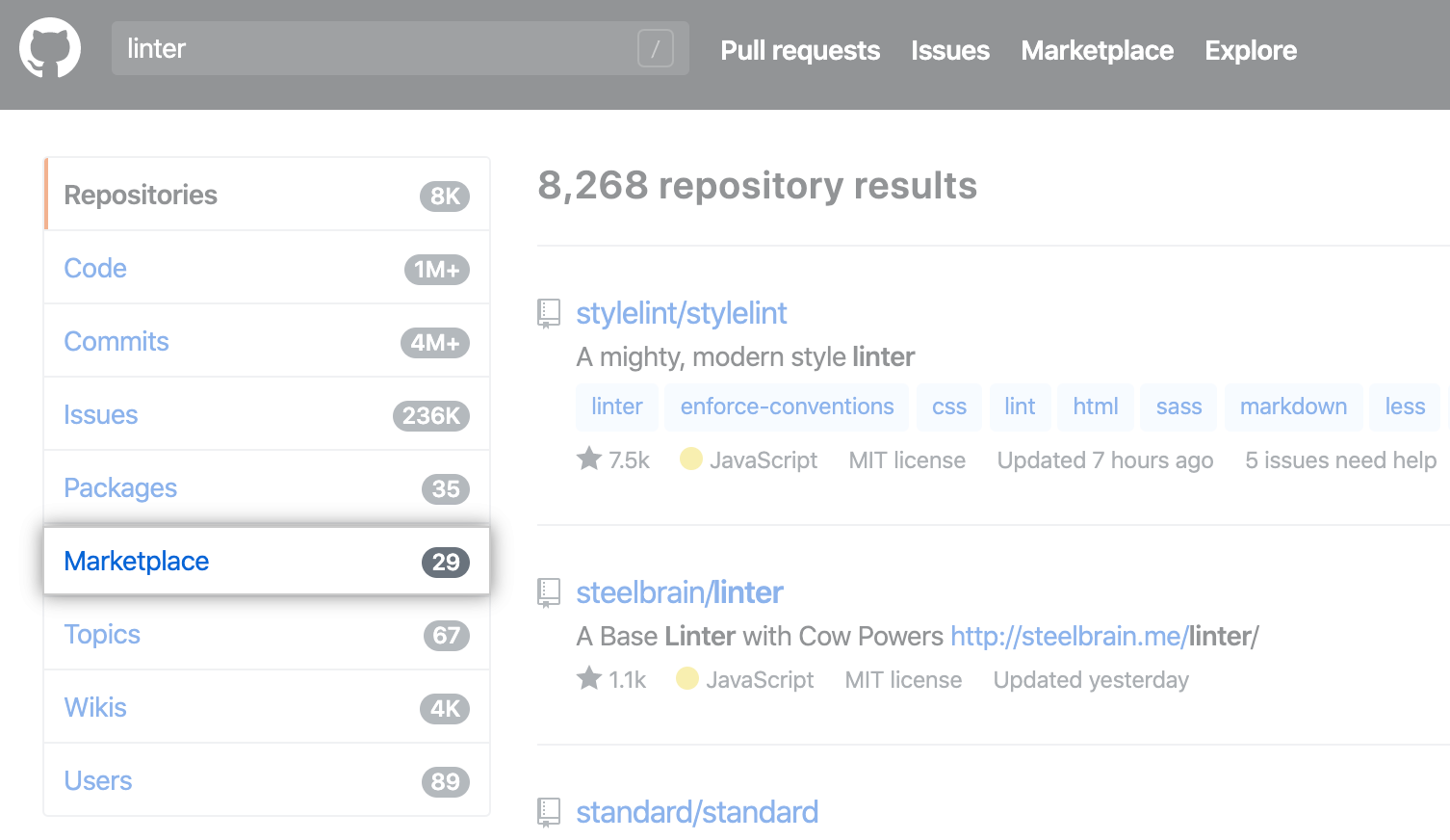 Pesquisar resultados para linter com a opção de menu lateral do Marketplace destacado