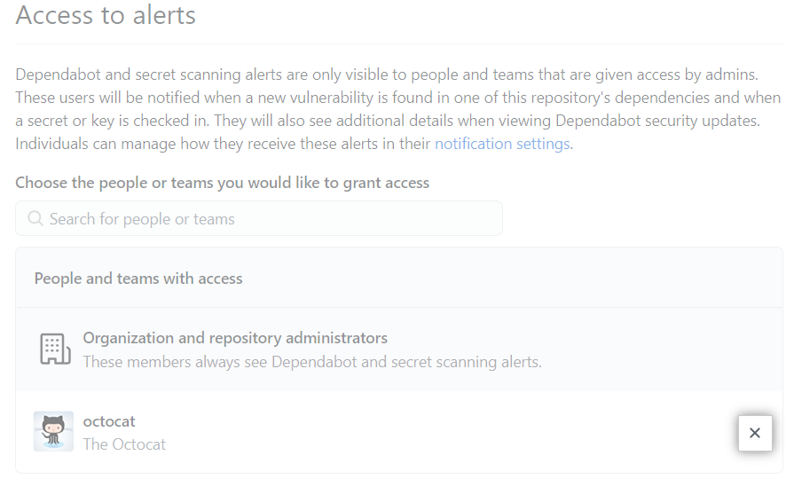 Botãi "x" para remover o acesso de alguém aos alertas de segurança do seu repositório