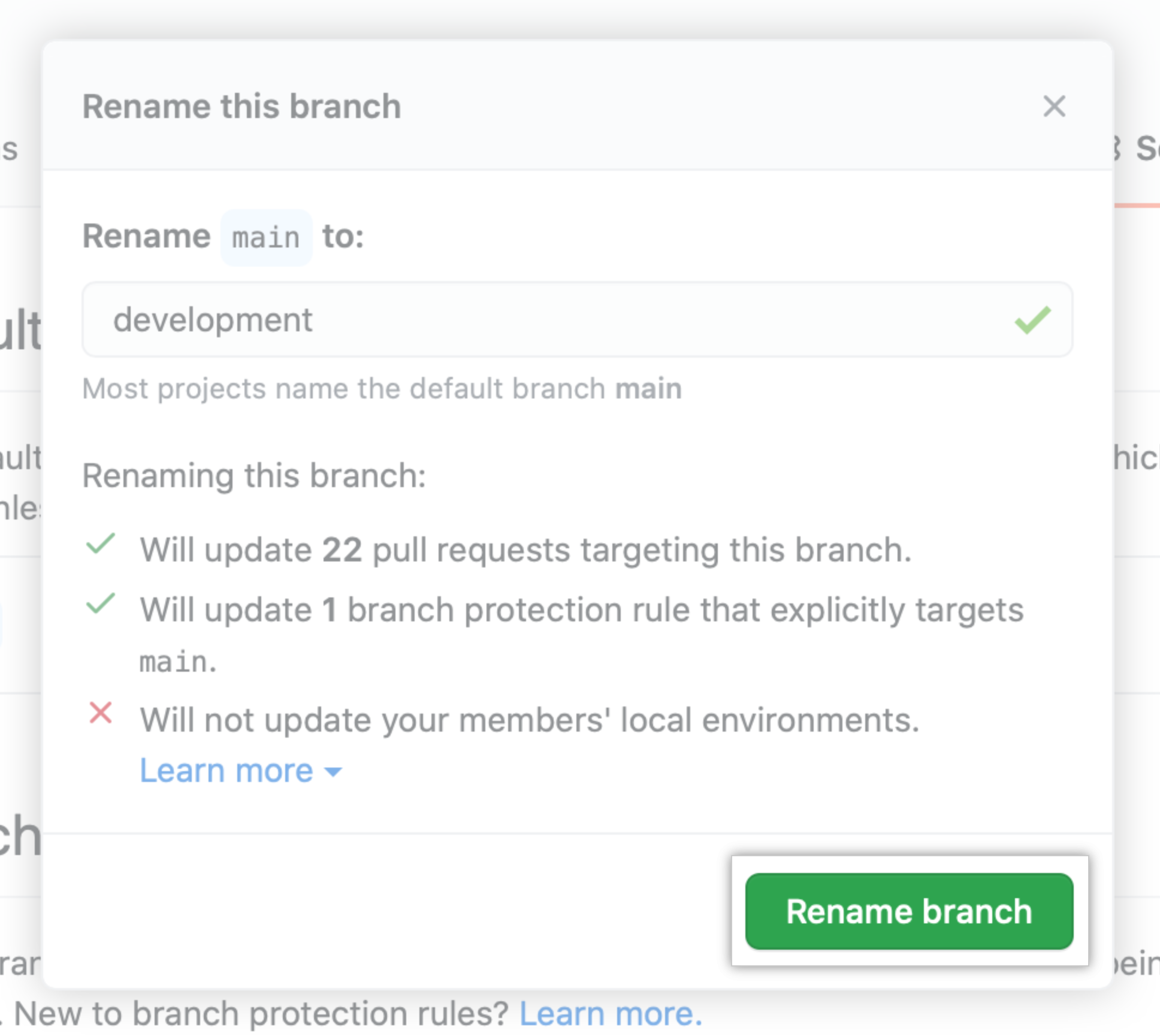 Informações de ambiente local e botão para "Renomear o branch"
