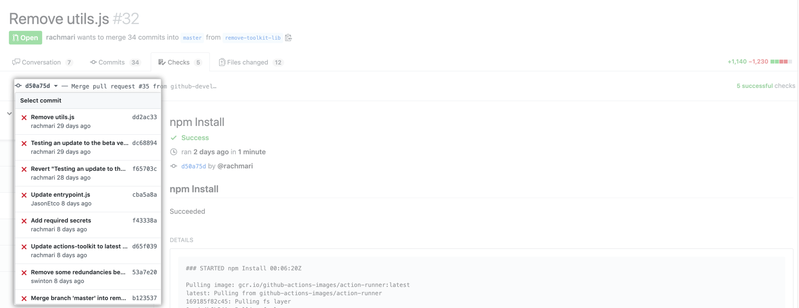 Prüfungszusammenfassungen für verschiedene Commits in einem Dropdownmenü