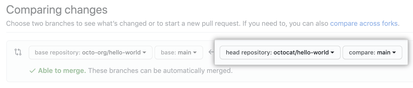 Dropdownmenüs zur Auswahl von Head-Fork und Vergleichs-Branch