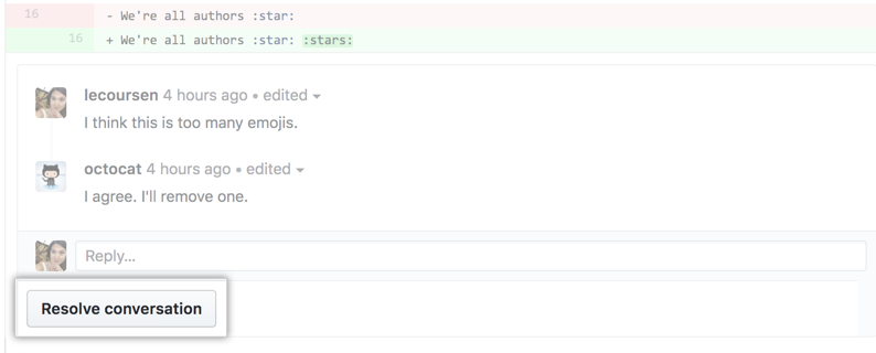 Pull-Request-Unterhaltung mit Schaltfläche „Resolve conversation“ (Unterhaltung auflösen)
