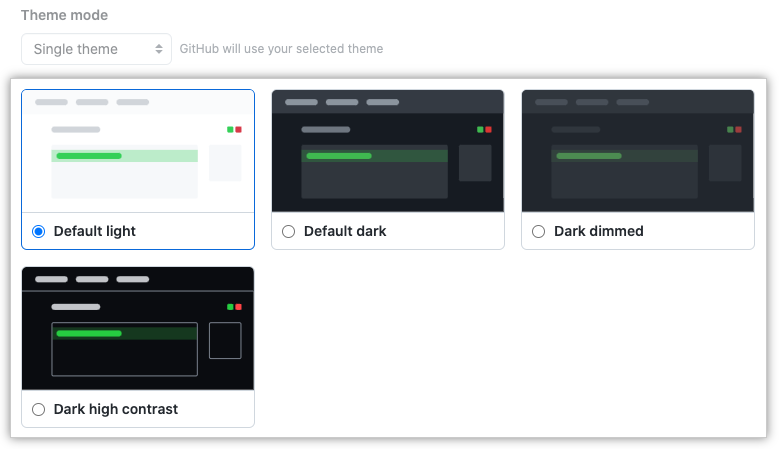 Radio buttons for the choice of a single theme