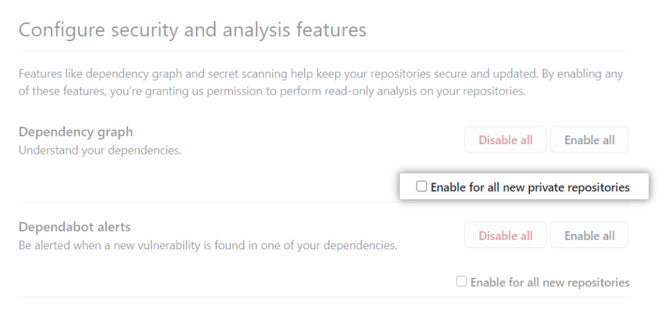Casilla para habilitar o inhabilitar una característica para los repositorios nuevos