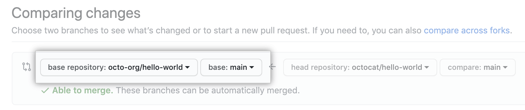 Dropdownmenüs zur Auswahl von Basis-Fork und -Branch