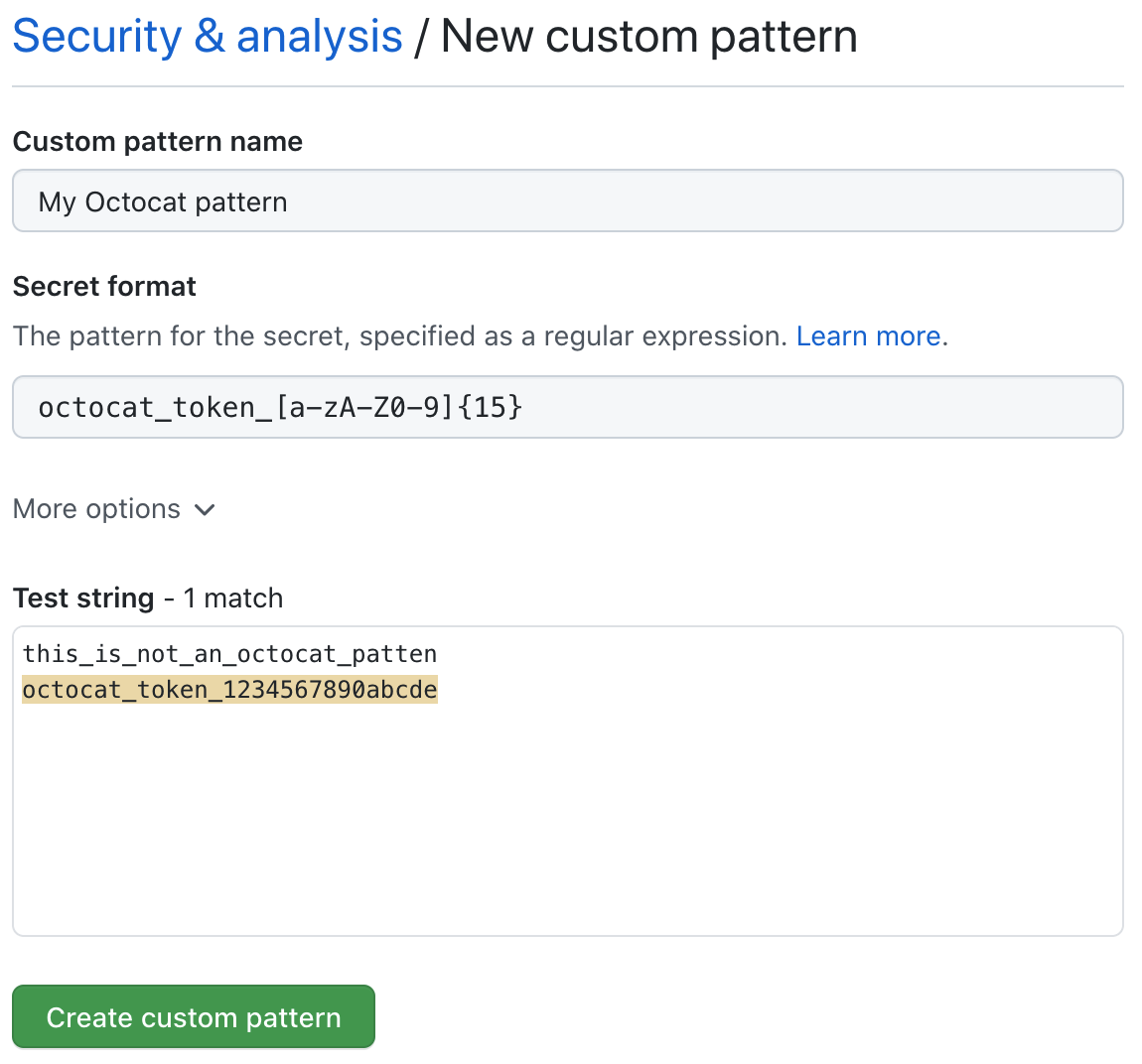 Create a custom secret scanning pattern form