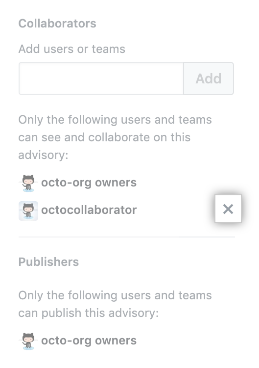X icon to remove security advisory collaborator