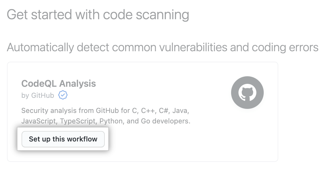 "Set up this workflow" button under "Get started with Varredura de código" heading