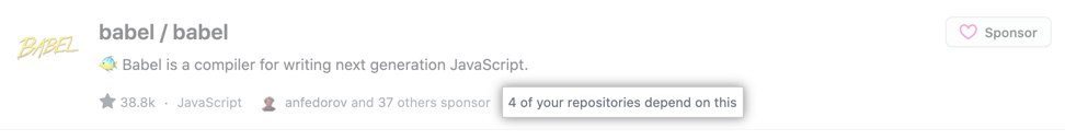 The Babel open source project with highlighted text that says "4 of your repositories depend on this"