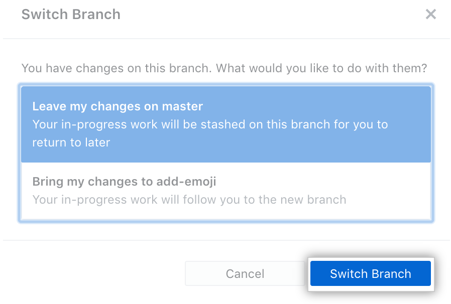Switch branch with changes options