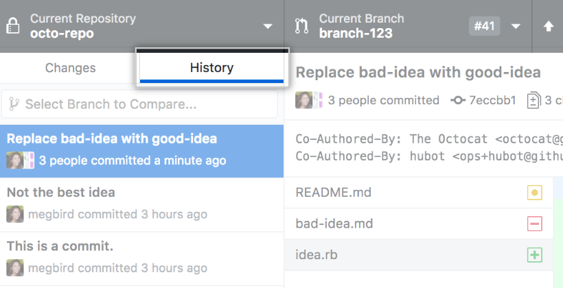 The history tab selected in the sidebar