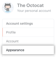 Aba "Aparência" na barra lateral de configurações do usuário