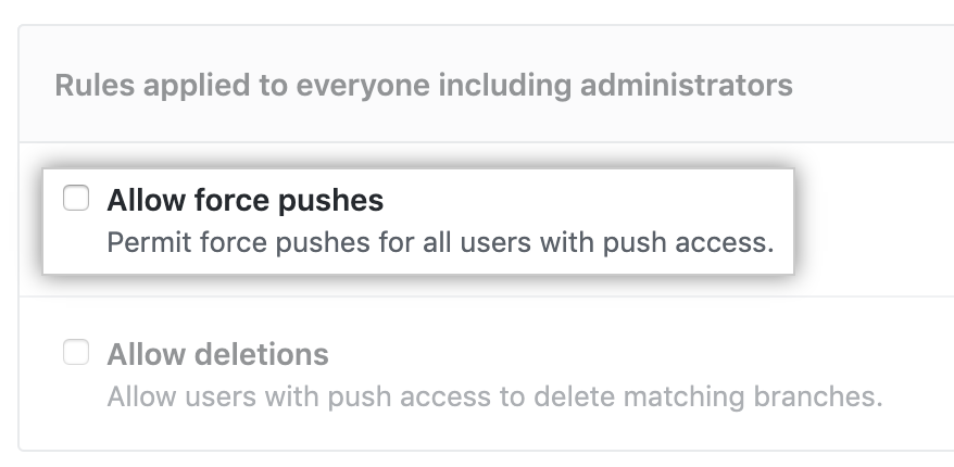 Option „Allow force pushes" (Erlaube erzwungene Pushes)