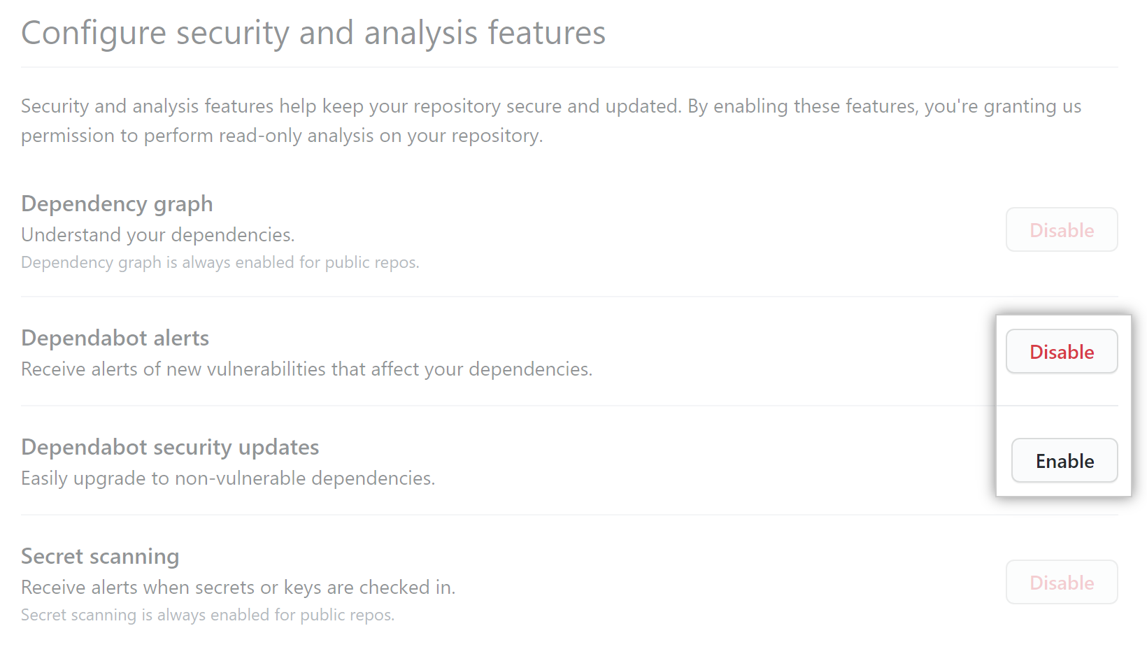 公共仓库中"Configure security and analysis(配置安全性和分析)"功能的"Enable(启用)"或"Disable(禁用)"按钮