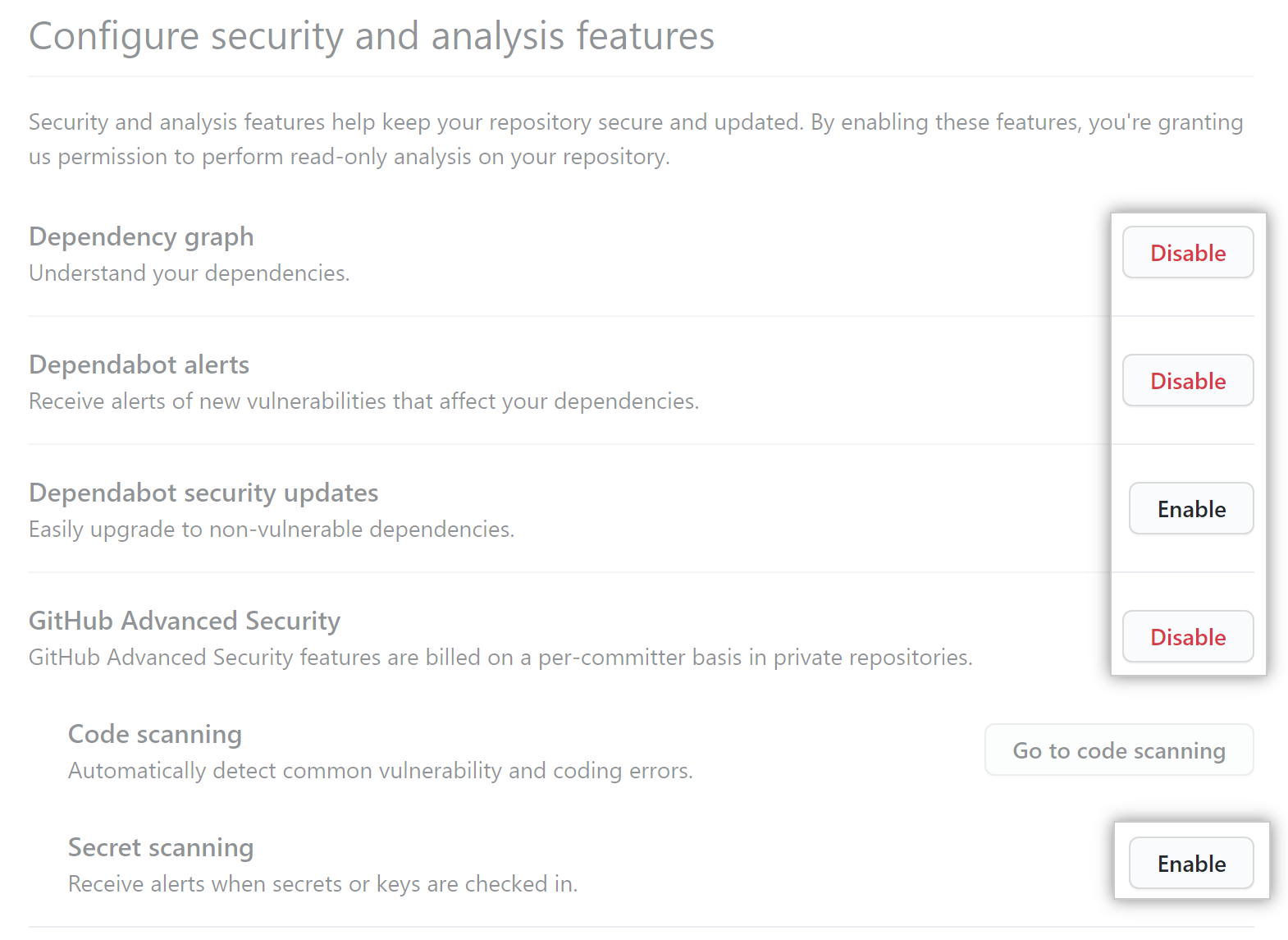 [Configure security and analysis] 機能の [Enable] または [Disable] ボタン
