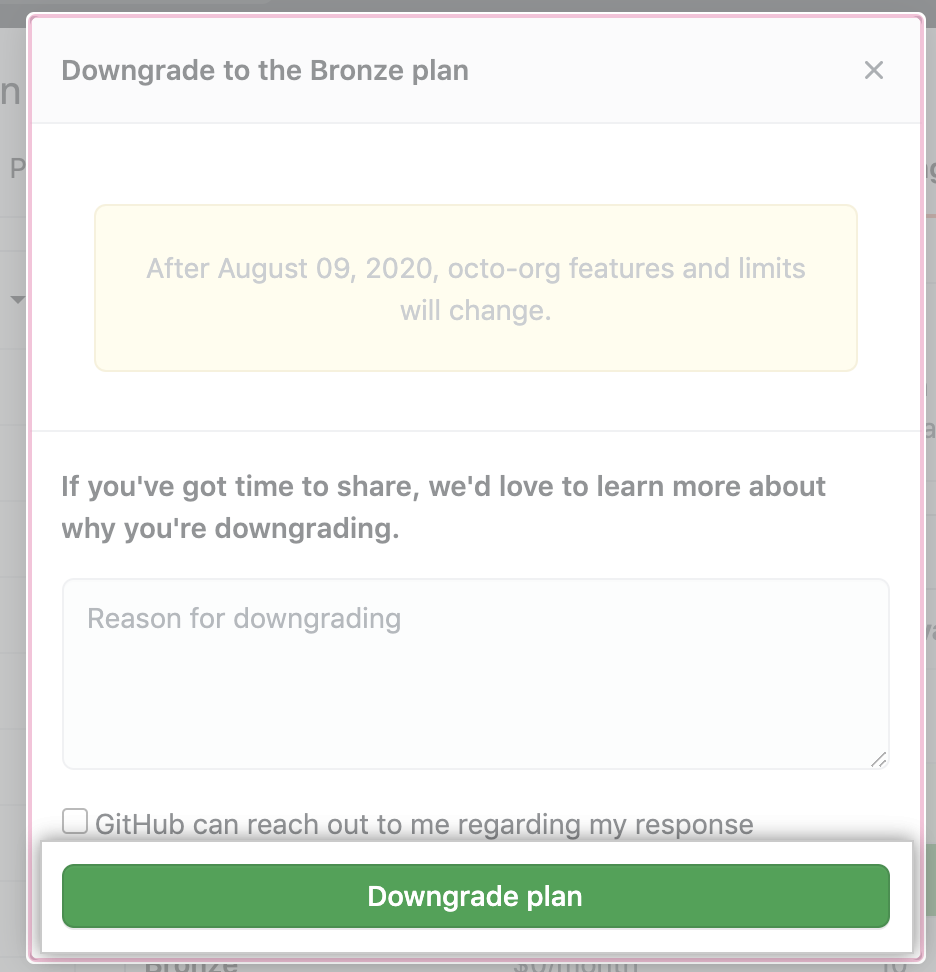 ダウングレードの理由を入力するテキストボックスと [Downgrade] ボタン