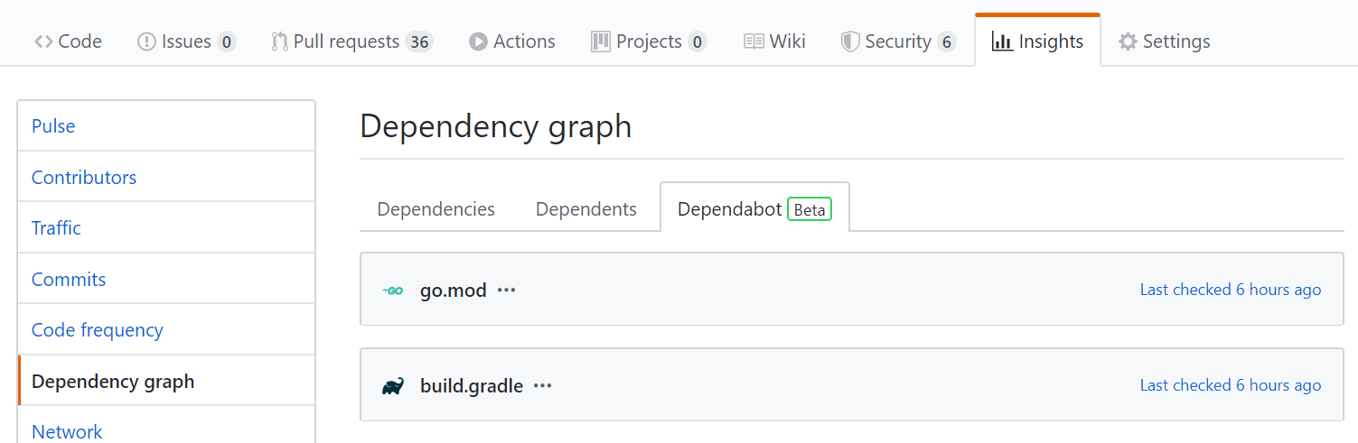 仓库洞察选项卡,依赖关系图,Dependabot 选项卡
