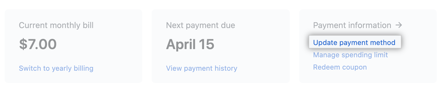 Update payment method（更新付款方式）按钮