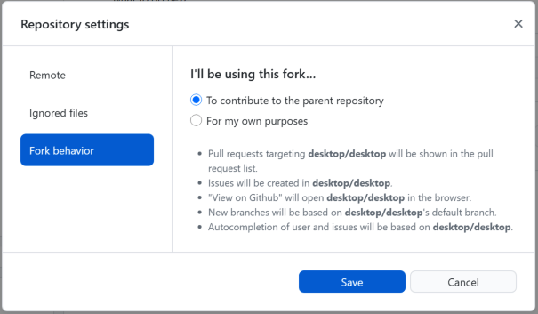 The contribute to the parent repository option in the Fork Behavior menu