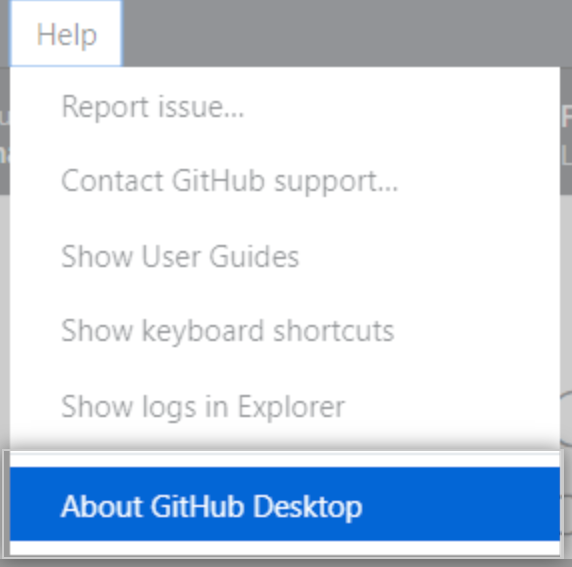 Opção de menu Sobre o GitHub Desktop