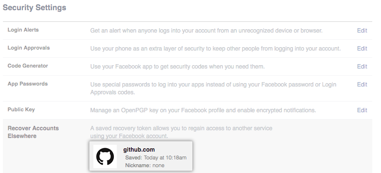 List of recovery tokens stored on Facebook
