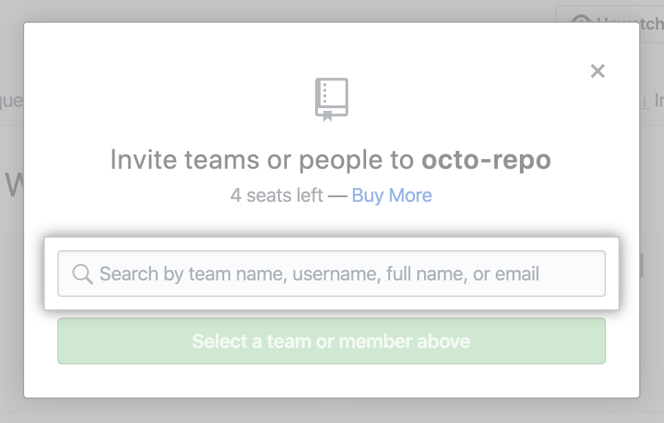 Search field for typing the name of a team or person to invite to the repository