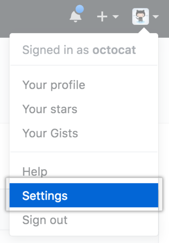 Ícone Settings (Configurações) na barra de usuário