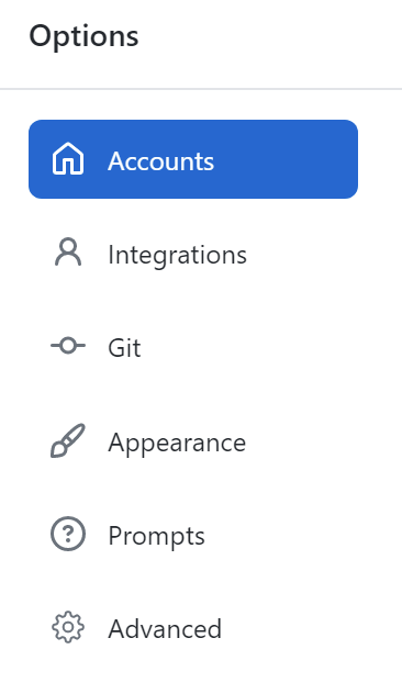 The Accounts pane in the Options window
