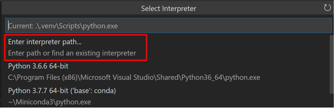 Enter interpreter path option on the interpreters list