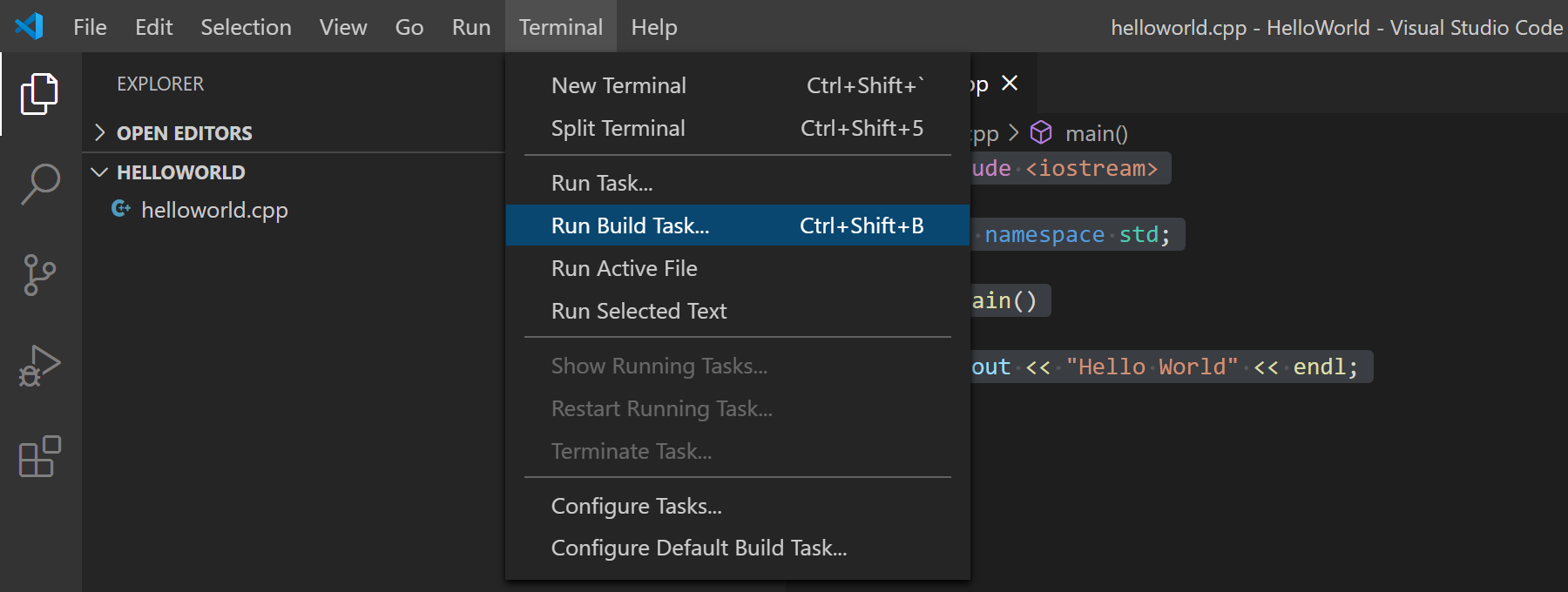 Run Build Task menu option