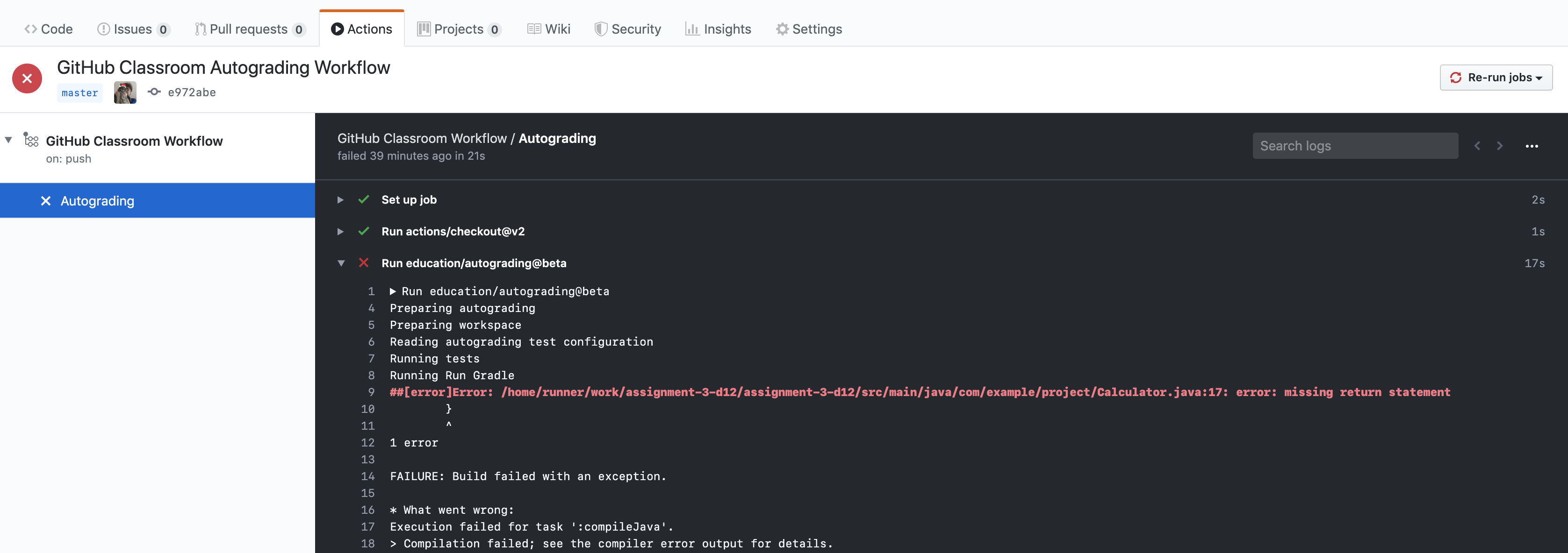 GitHub Actions 中的"GitHub 课堂 自动评分工作流程"测试结果日志