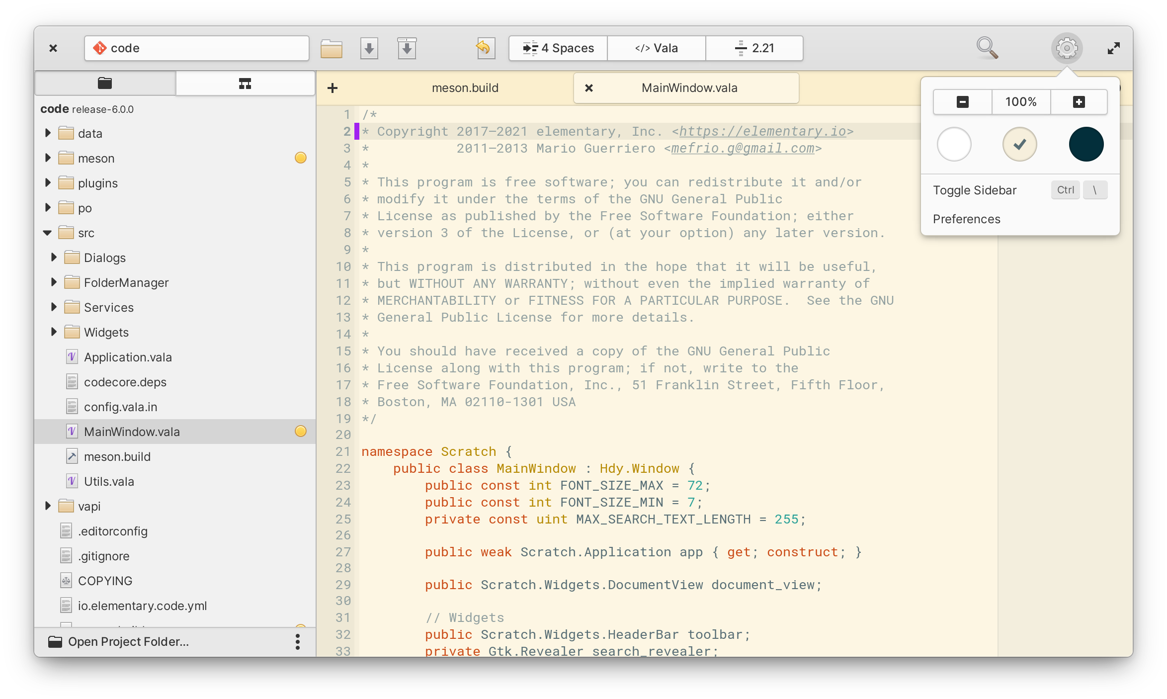 Captura de ecrã do Code