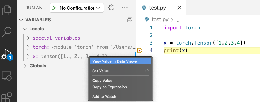 Accessing the Data Viewer from the Python debugger