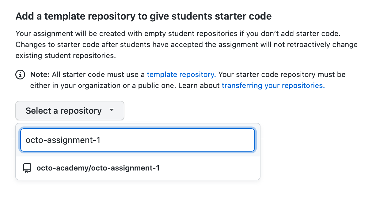 Using the 'Select a repository' drop-down menu to find a template repository to use as starter code for an assignment