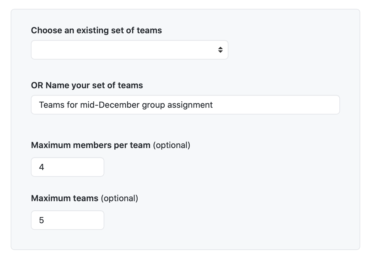 Parameters for the teams participating in a group assignment