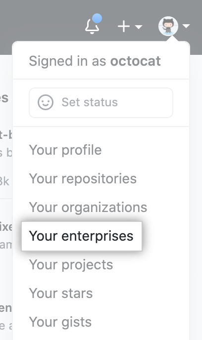 GitHubのプロフィール写真のドロップダウンメニュー内の"Your enterprises"