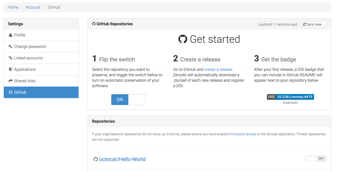 Página de GitHub de Zenodo