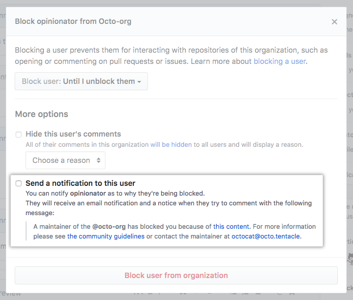 Send a notification in the block user drop-down menu