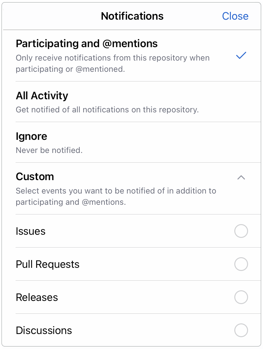 Watch settings dropdown menu in GitHub for mobile