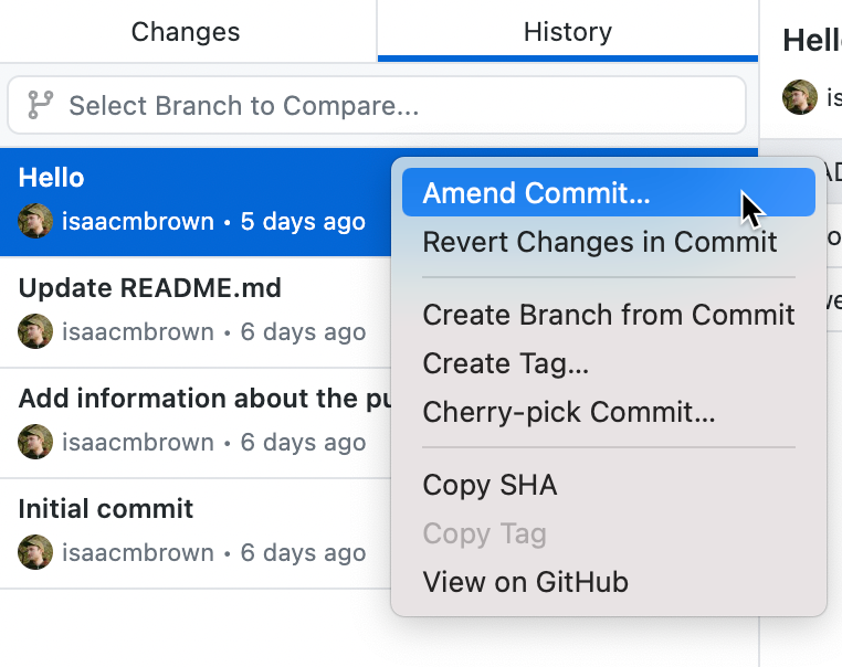 Amend commit context menu