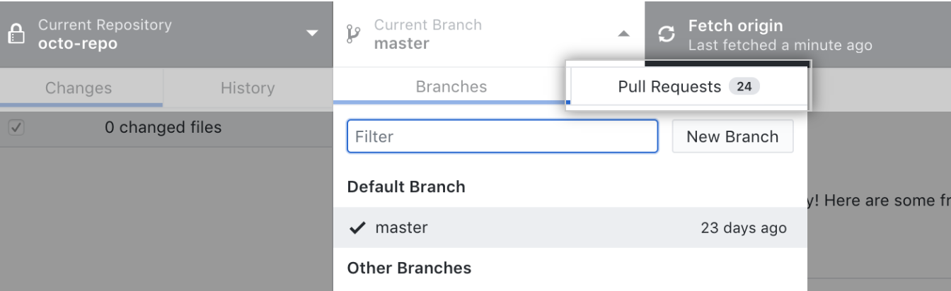 Registerkarte „Pull-Requests“ im Dropdownmenü für den aktuellen Branch