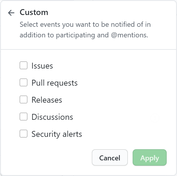 Opções de inspeção personalizadas em um menu suspenso para um repositório