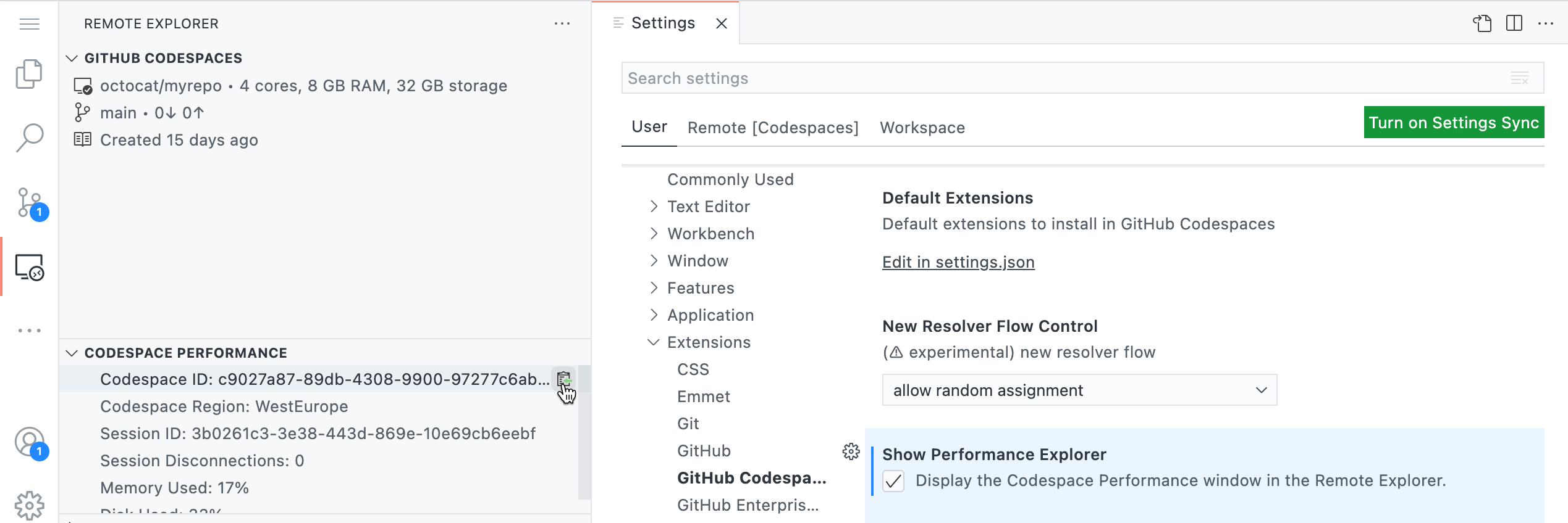 Codespace ID and settings required to display performance information