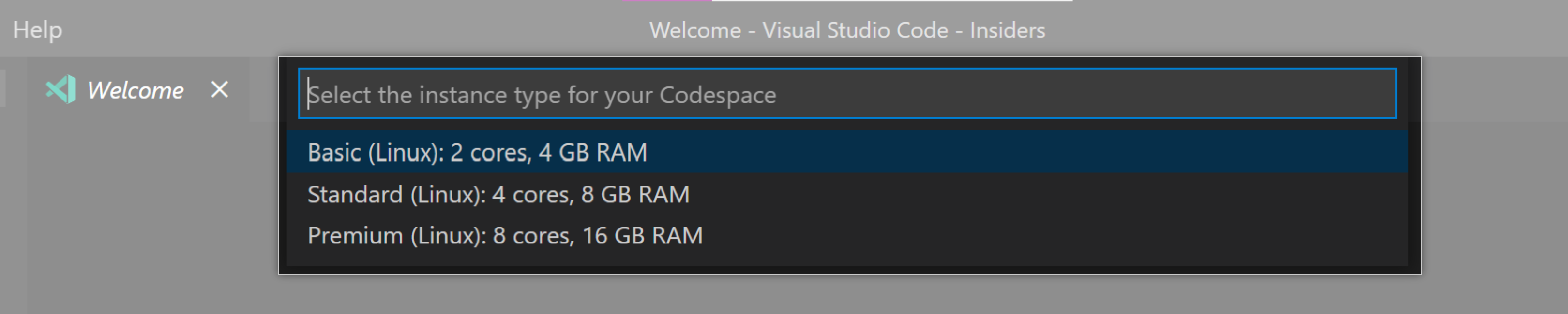 Instance types for a new Codespaces