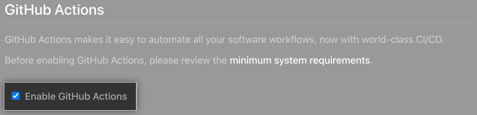 启用 GitHub Actions 的复选框